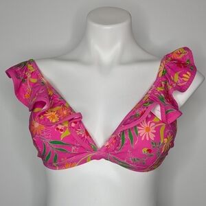 Kate Spade pink floral ruffle v neck padded bikini top L